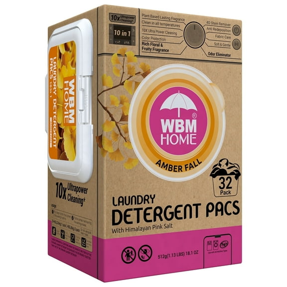 WBM Home Laundry Detergent Pods Amber Fall Fragrance, 32 Count, 10-in-1 Ultra Power Cleaning
