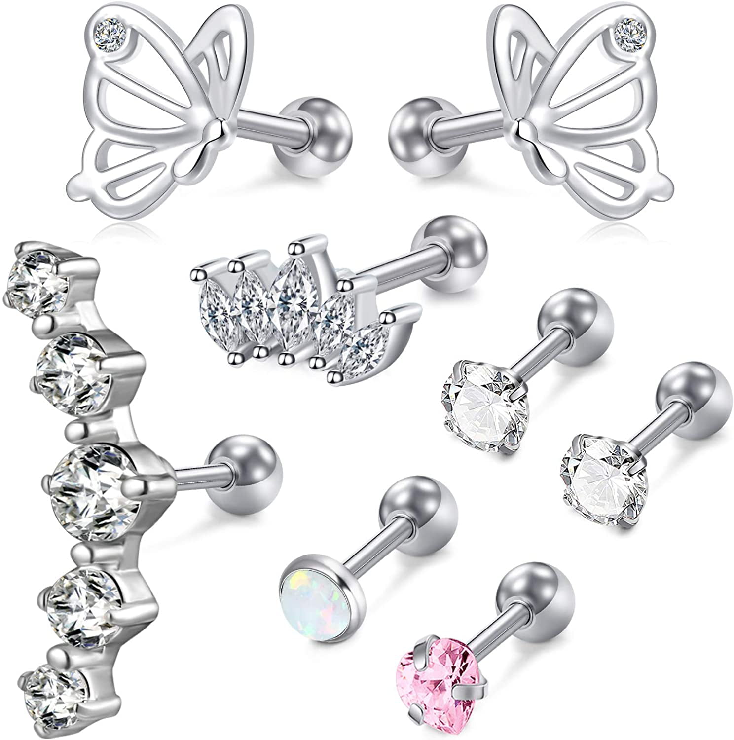 Longita 16G Tragus Cartilage Earrings Studs Stainless Steel Earlobe Forward Helix Piercing Jewelry for Women Screwed Back Diamond Butterfly Stud Earring 6mm 1/4 Silver Pack 
