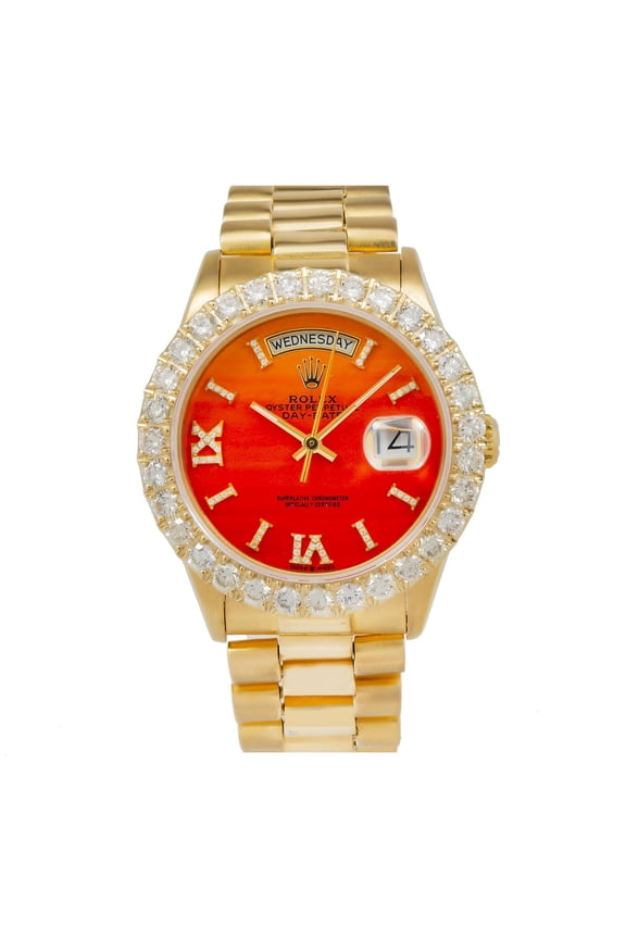 Pre-Owned Rolex Day-Date 36MM 18238 Red Roman Diamond Dial Diamond Bezel 18K Yellow Gold President Bracelet