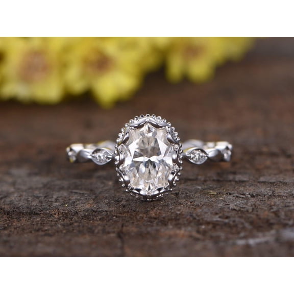 Oval cut 1.25 Ct Halo Moissanite and Diamond Engagement Ring in 10k White Gold