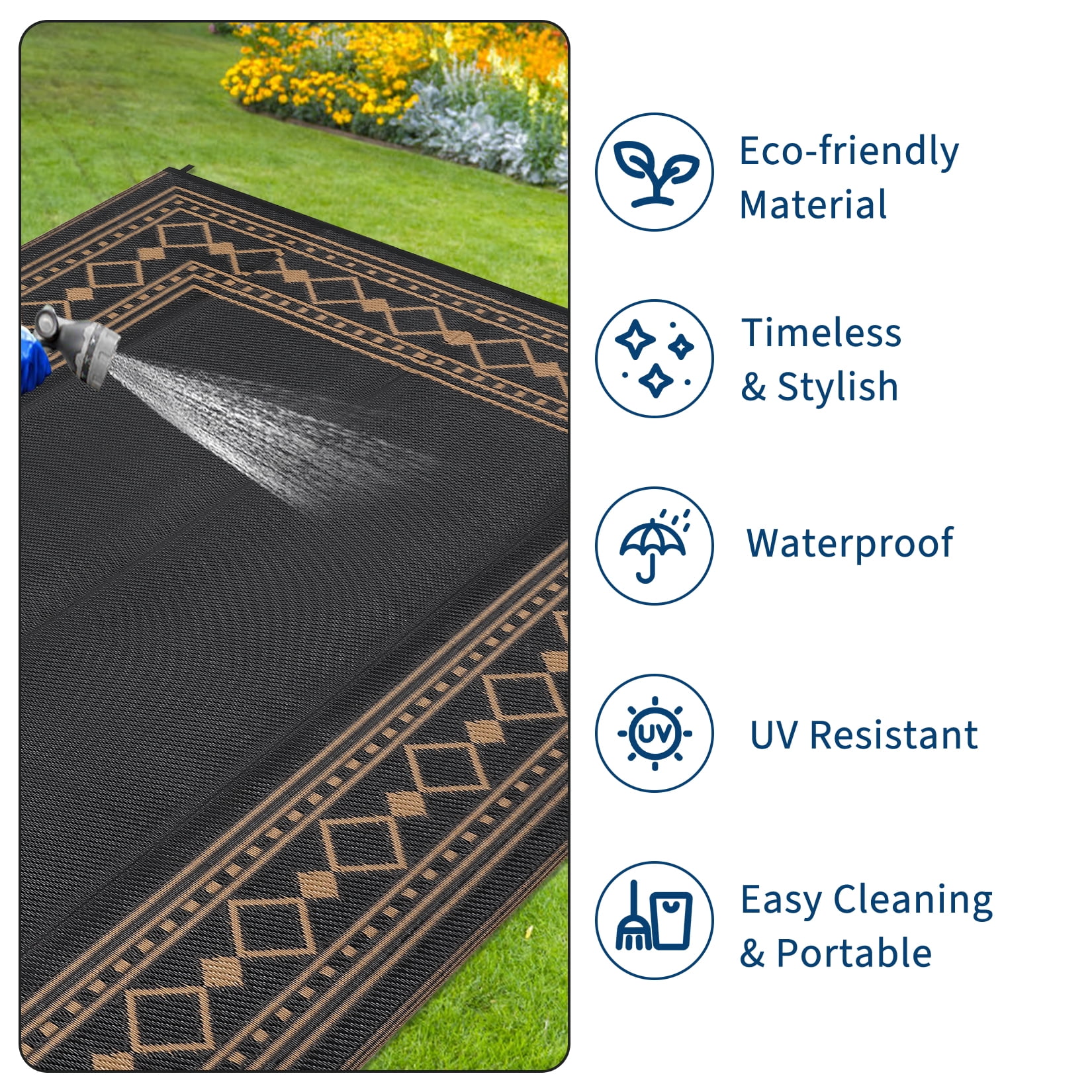 Garvee 9'x18' Outdoor Rug Modern Bordered Geometric Rug Waterproof Reversible Plastic Straw Rug for Patio Camping RV Balcony Backyard, Black Brown
