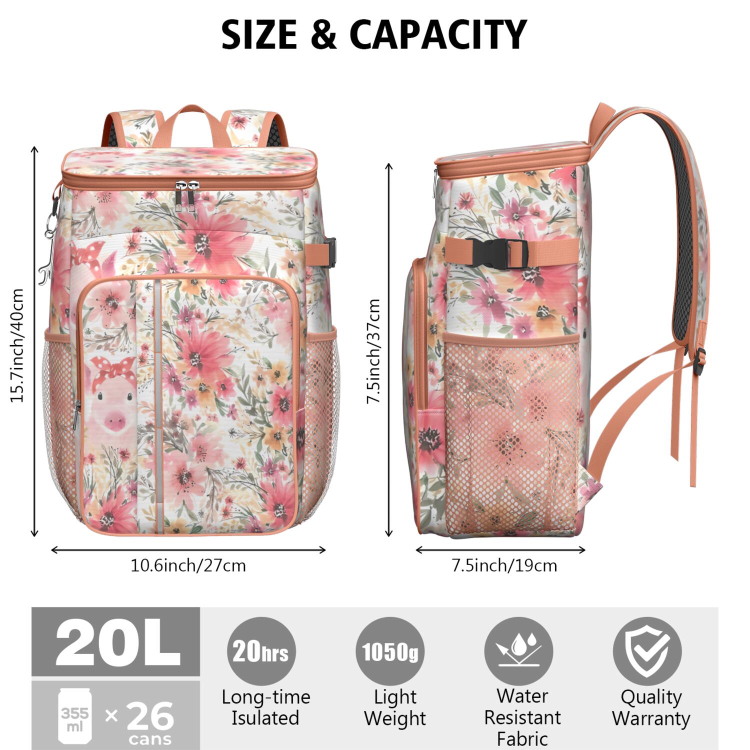 Travel Cooler Bag - Pioneer Flower Floral Print Pattern Camping Beer Cooler Backpack with Bottle Opener- Waterproof Insulated Picnic Backpacks - Cooler Bag for Beach