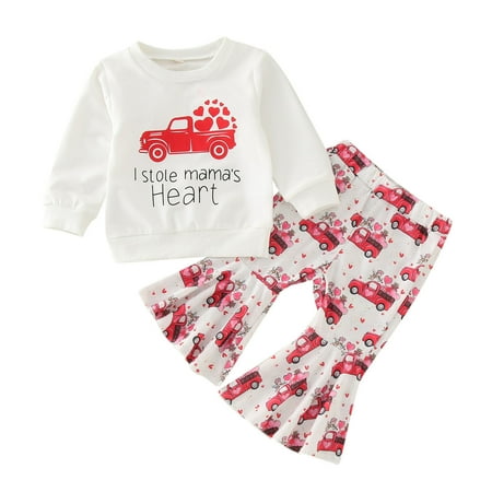 

OAUP 2PCS Infant Toddler Outfit Sets Long Sleeve Valentine Day Letter Tops Love Car Print Flare Pants Suit Outfits Winter Leisure Fashion Outfit 6M-4Y