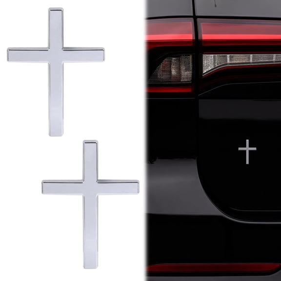 Metal Christian Cross Badge Decal, 3D Christ Cross Emblem Stickers, 2.5"1.8" Bible Auto Decoration, 2PCS Self Adhesive Waterproof Exterior Car Accessories (Silver)