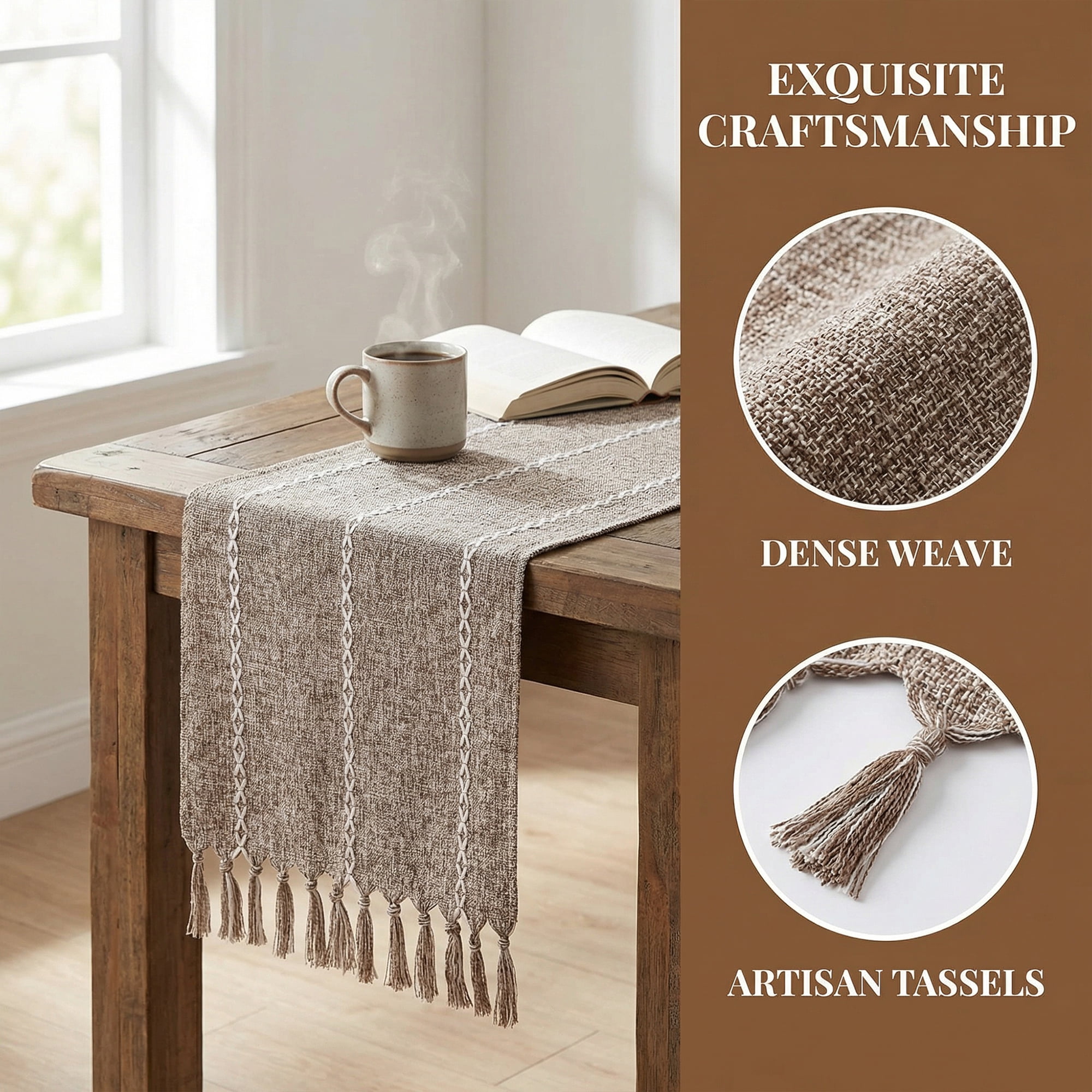 Unique Bargains Washable Polyester Kitchen Runner with Tassel for Dining Brown 13"x89.8"