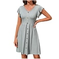 thumbnail image 1 of Bowake Women's 2024 Summer Casual Short Dress Short Ruffle Sleeve V Neck Button Front A Line Dresses Textured Dress, 1 of 7