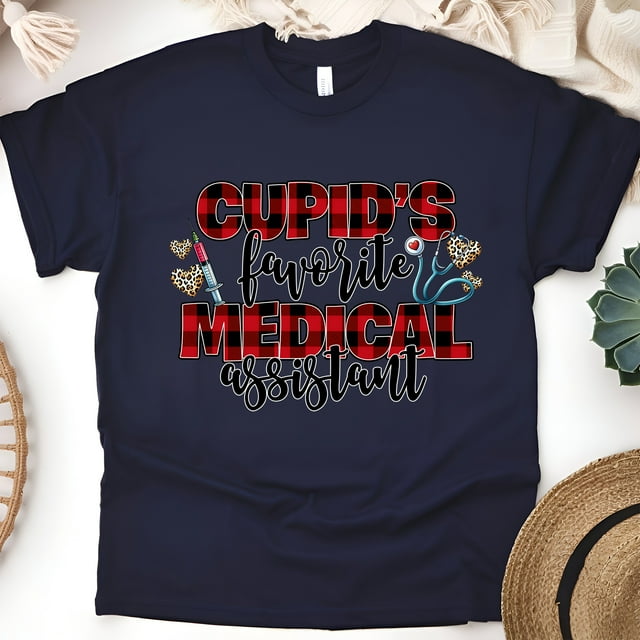 Cupid’s Favorite Medical Assistant Shirt | Plaid Heart MA Tee, Navy, Size 2XL
