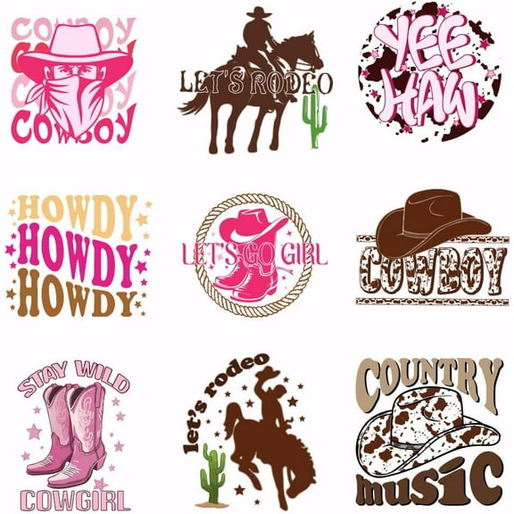 9pcs/Set Western Cowboy Heat Transfer Stickers Cowgirl Iron on Transfers Bull Iron on Patches Stickers Howdy Washable Heat Transfer Paper for Clothing T-Shirt Jeans Backpacks DIY Applique Colorful