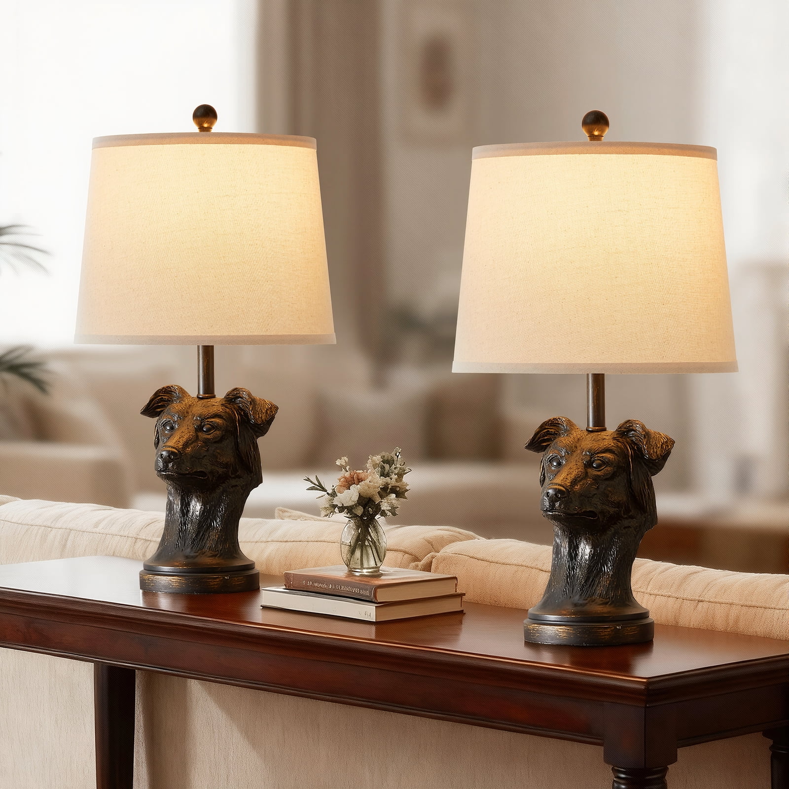 Modern Table Lamp with Linen Shade, 24inch Bedside Lamp with Rotary Switch & Included 9W LED Bulb for Nightstand, Living Room