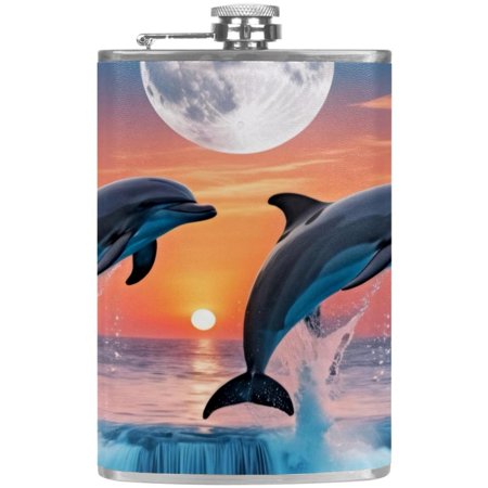 

josid Dolphins Pattern 3.6x6in Stainless Steel Small Flask Leak-Proof Stainless Steel Construction Wrapped in Premium Two-Layer Leather Nano-Printed Design 227ml Capacity