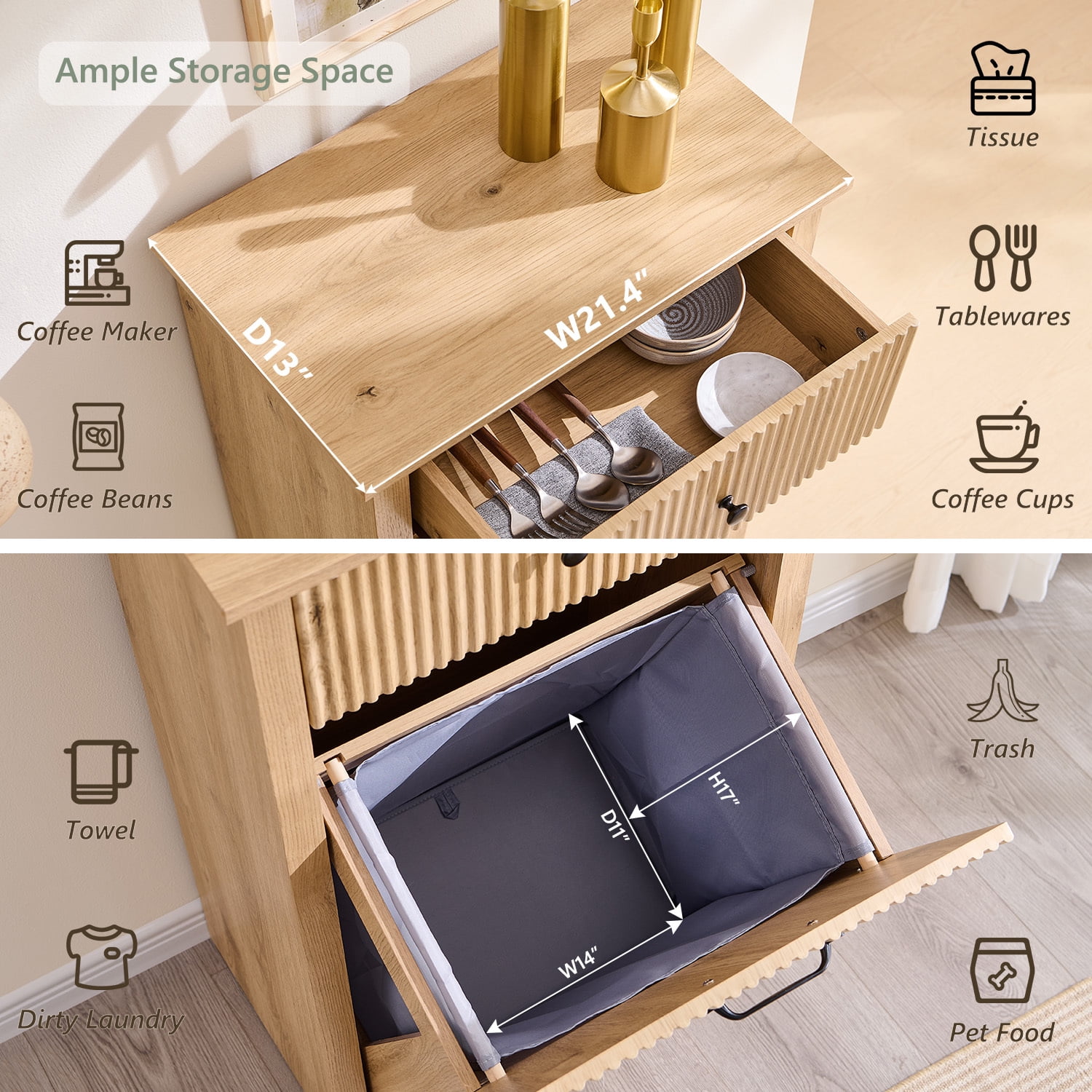 IFGET Fluted Tilt-Out Trash Can Cabinet, 10 Gallon Wood Hidden Garbage Can Cabinets with Storage Drawers, Laundry Hamper Cabinet for Bathroom, Kitchen