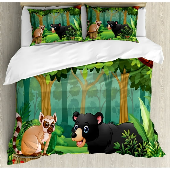 Lemur Duvet Cover Set King Size, Wild Forest Life Bear Madagascar Monkey Cartoon, Decorative 3 Piece Bedding Set with 2 Pillow Shams, Burnt Orange Apple Green Dark Peach Olive Green, by Ambesonne