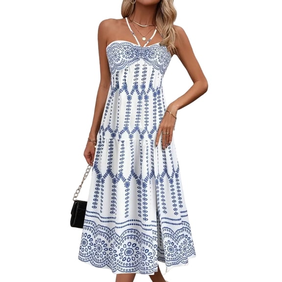 Women'S Bohemian Style Fashion Printed Halter Neck High Waist Long Maxi Dress White & Blue XXL
