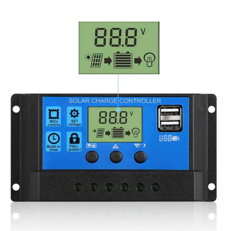 30A Solar Charge Controller, TSV Solar Panel Controller 12V/24V PWM Auto Parameter, Adjustable LCD Display Solar Panel Battery Regulator with Dual USB