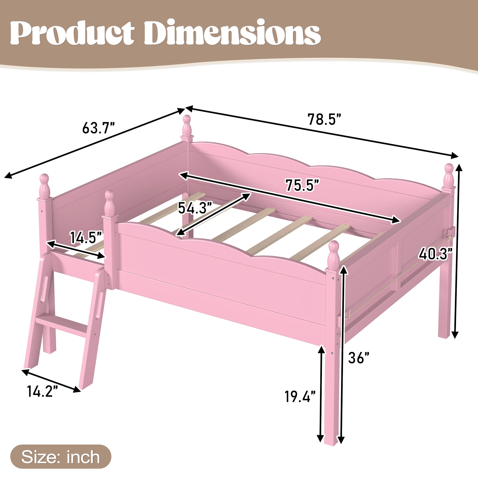 Safe Full Size Low Loft Bed with Full-Length Guardrails and Bookshelf, Solid Wood Bed with Ladder for Kids and Teens, Pink