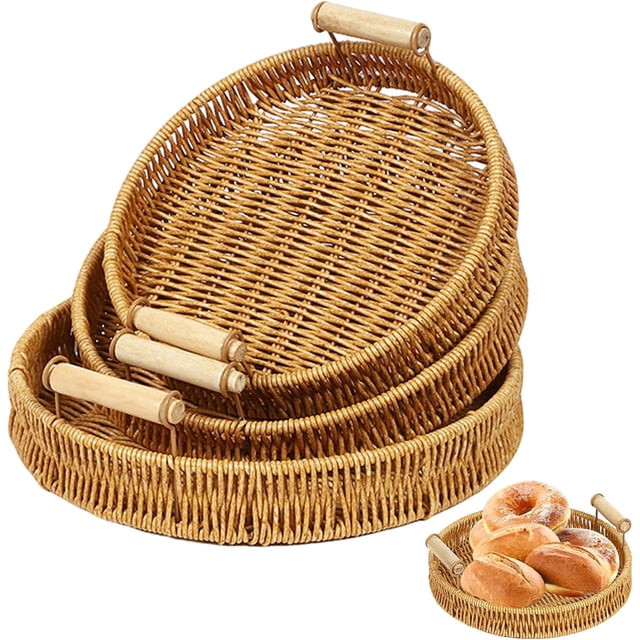 Canastas para Pan, 3 Piezas Canastas de Mimbre para servir, Cesta pan Redonda con Mango, Charolas Tejidas de Decorativas, Bandejas Decorativas para Lugar Fruta, Pan y Comida.
