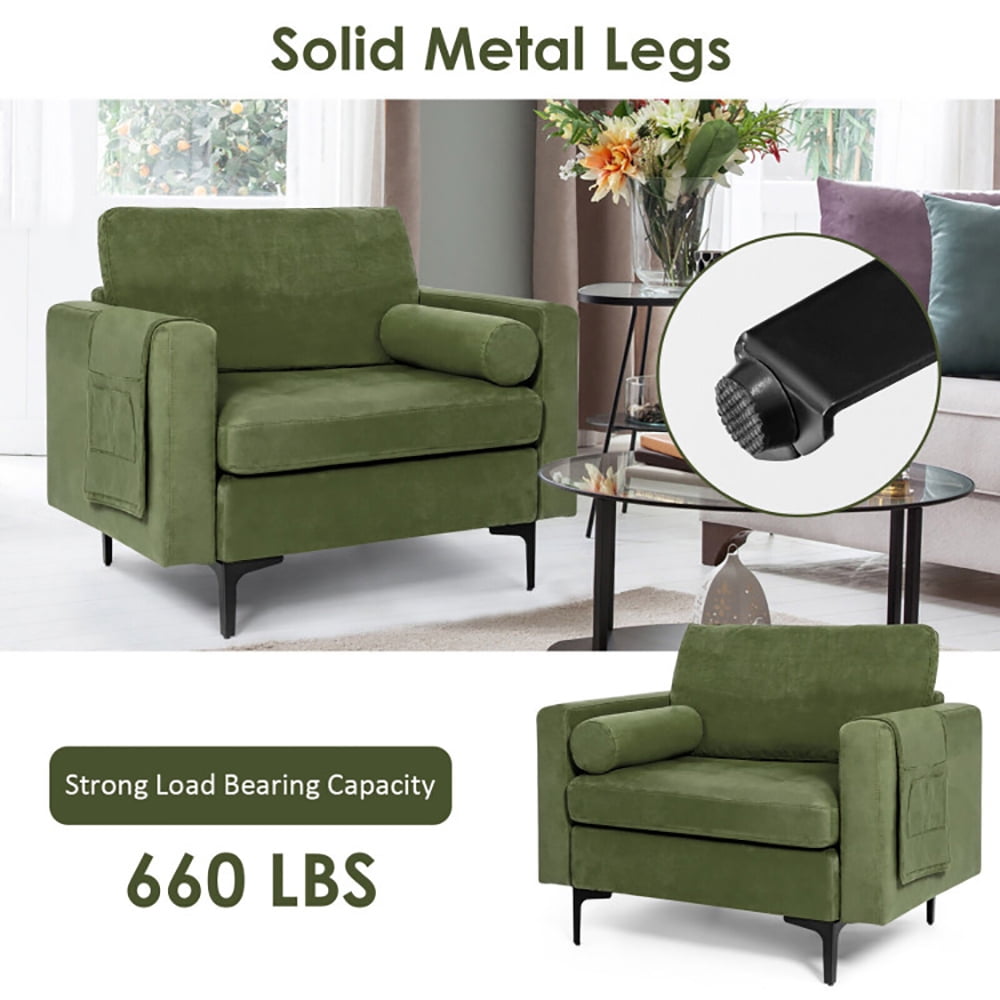 Finihen Upholstered Accent Chair, Modern Accent Chair with Bolster and Side Storage Pocket, for Living Room, Bedroom, Army Green