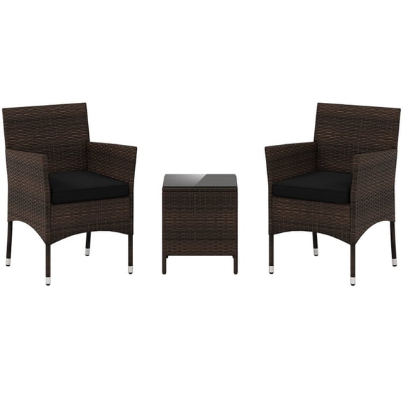 Biotree 3 Piece Outdoor Conversation Set with Cushioned Rattan Chairs and Glass Top Coffee Table for Patio Backyard and Porch Seating, Black