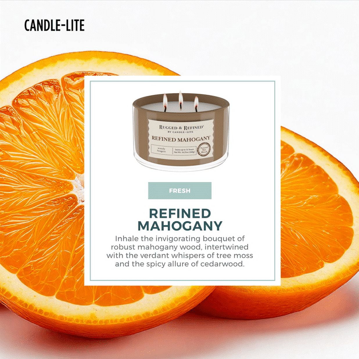 Candle-Lite Scented Candles for Men, Refined Mahogany Fragrance, 16.25 oz Jar, 3-Wick, 51 Hour Burn Time, Masculine Aromatherapy  - Long Lasting Scent