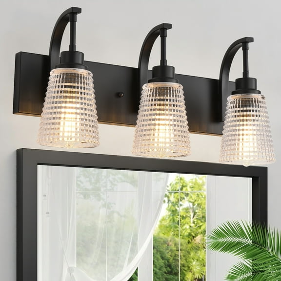 3-Light Matte Black Vanity Light, Modern Farmhouse Bathroom Light Fixture with Clear Rippled Glass Shades for Mirror, 20.86 Inch