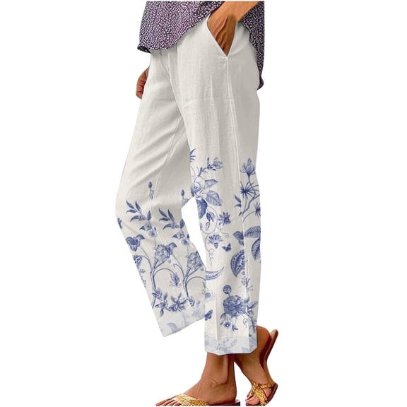 Casual Pants for Women Retro Printed Loose Pocket Patchwork Cotton Linen Casual Pants
