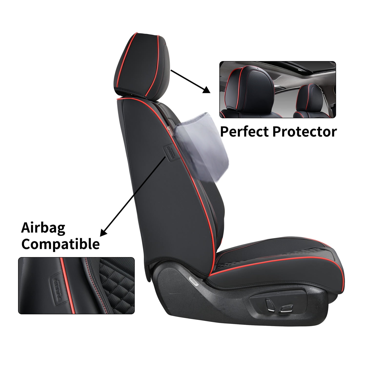 Coverado Black and Red Trim Car Seat Covers Full Set, Premium Leather Front and Rear Split Bench Cover, Automotive Seat Protectors Universal Fit for Most Cars, SUVs and Trucks