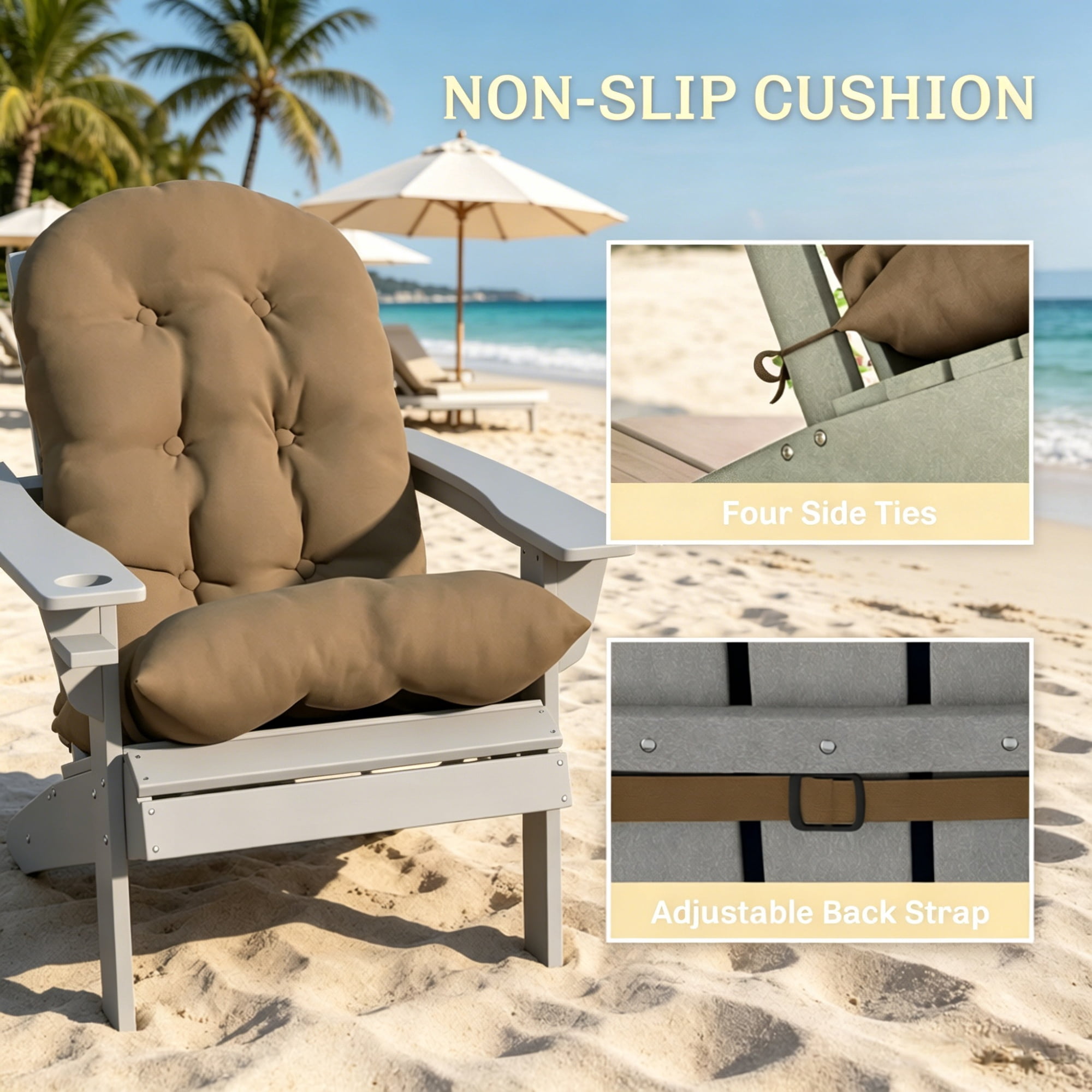 2 Pack Adirondack Chair Cushions Khaki 3.9 Inch Thick Seat & Back Cushion, Tufted UV Splash Resistant Polyester Patio Chair Pad with Secure Tie Straps