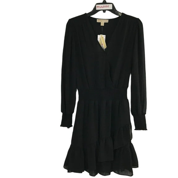 Michael Kors Womens Black Solid Smocked Ruffle Hem Long Sleeve Dress Sz XS $140