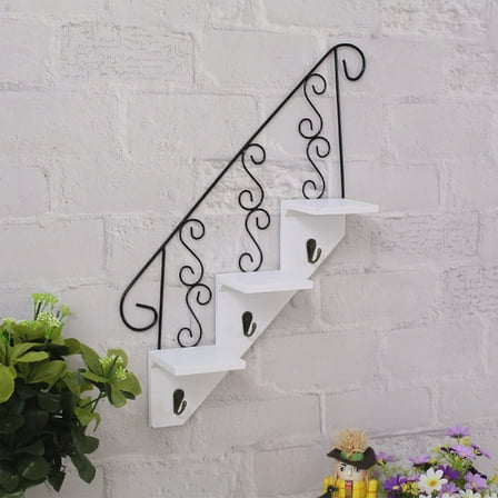 Multi-Tier Wall Shelf with 3 Hooks - White Rustic Display Rack for Bedroom, Office - Heavy Duty Books & Decor Storage (45x24cm)