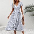 thumbnail image 2 of WTOBBY Women's V-Neck Waisted Floral Print Short Sleeve Dress with Ruffle Accent, Feminine and Comfortable for Spring Summer Fashion,Light Purple M, 2 of 5