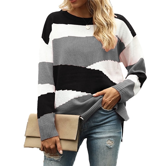 Suéter con bloques de color Poliéster Cómodo Transpirable Mujer Patchwork Patrón geométrico Top para otoño invierno Gris M