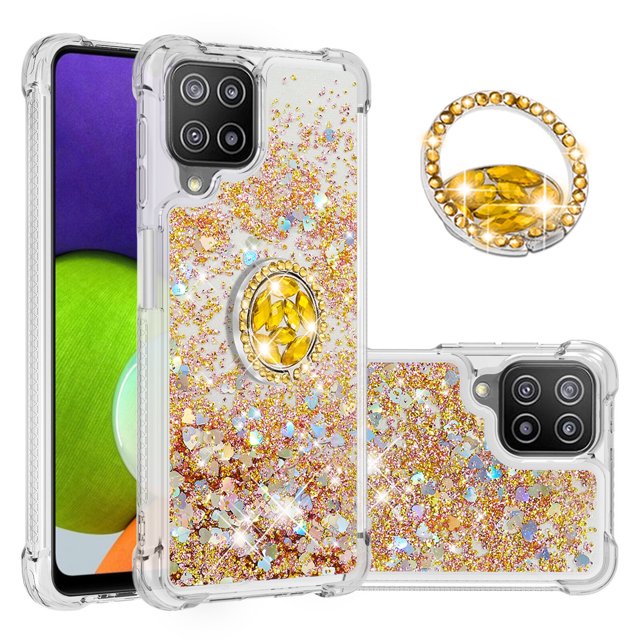 Funda para Samsung Galaxy A22 4G con Brillo Líquido Flotante, Purpurina, Parachoques y Anillo Giratorio Soporte