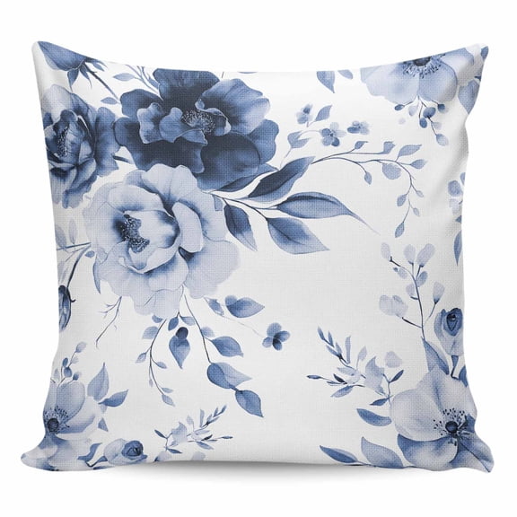 Throw Pillow Covers 16x16 Inch, Blue Floral Art Decorative Pillow Cases for Couch Sofa Bed, Watercolor Botanical Spring Flowers Cotton Linen Square Home Decor Pillowcases with Hidden Zipper
