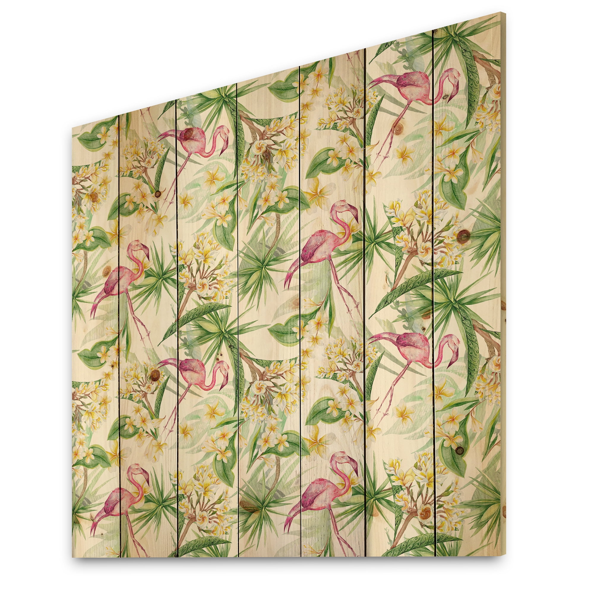 Designart 'Yellow Flowers, Tropical Foliage With Flamingo IV' Modern Print on Natural Pine Wood
