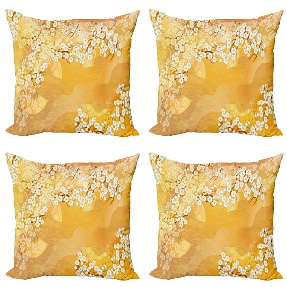 Ambesonne Japanese Throw Pillow Cover 4 Pack, Cherry Blossoms Layout, 20", Marigold and Cream