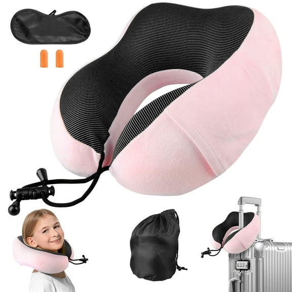ABCPOW Neck Pillow for Traveling,Upgraded Travel Neck Pillow for Airplane 100% Pure Memory Foam Soft Portable Travel Pillow for Car,Train,Home Use,Flight Headrest Sleep,Washable Cover,Pink