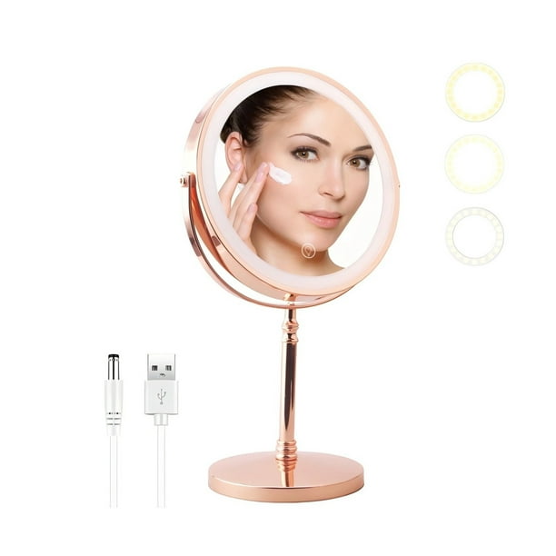 YUOY espejo de maquillaje con luz, espejo de tocador con luz LED y lupa de 10 aumentos, espejo de maquillaje recargable de doble cara de 8 pulgadas, oro rosa