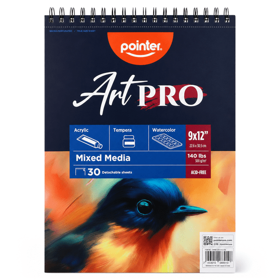 PPointer Art PRO Mixed Media Pad, 9 x 12 Inches, 140 lb (300 gsm), 30 Sheets, Spiral Bound, Acid‑Free