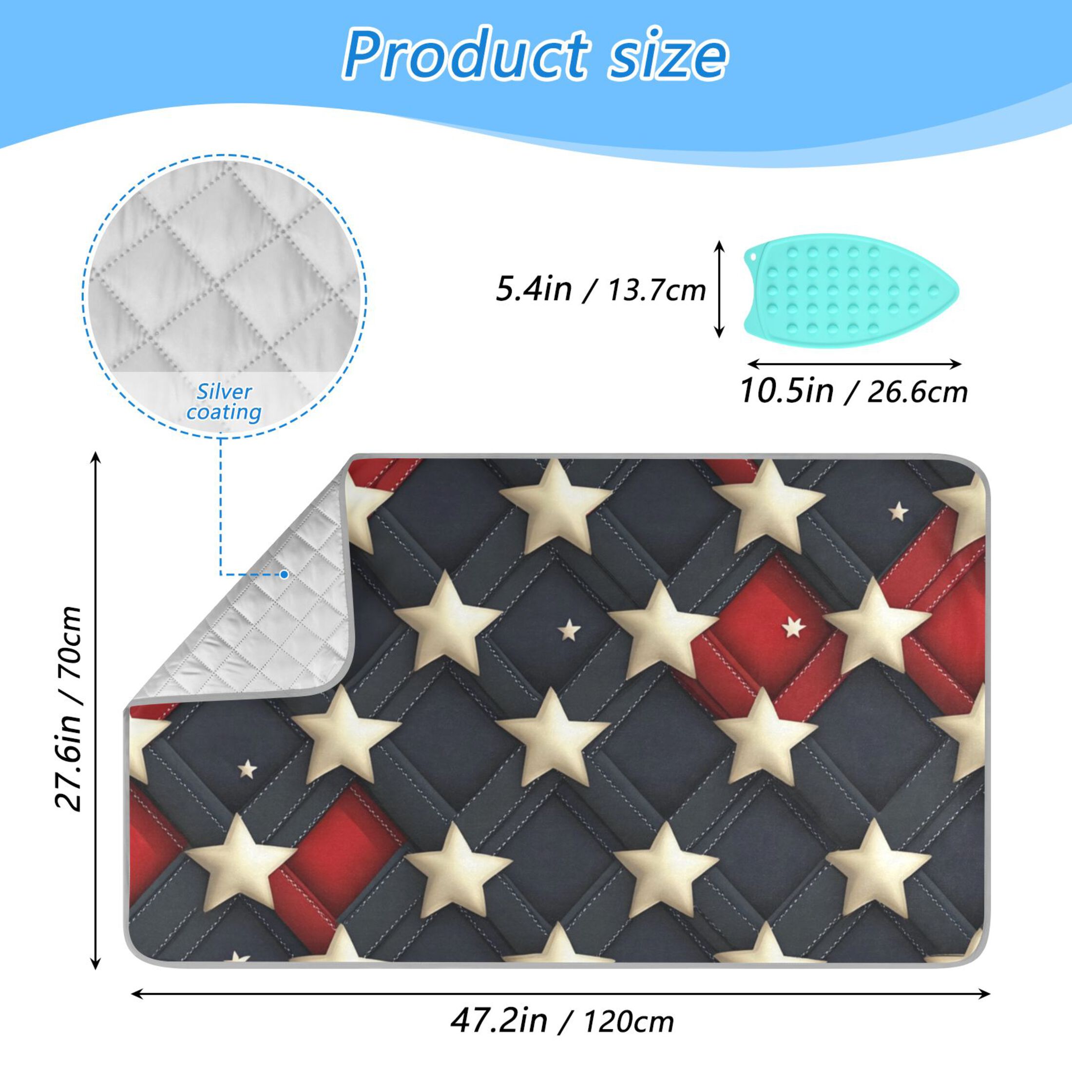 3d Red Blue Plaids Stars Ironing Mat Blanket Portable Travel Ironing Pad Heat Resistant Pad 47.2" x 27.6”
