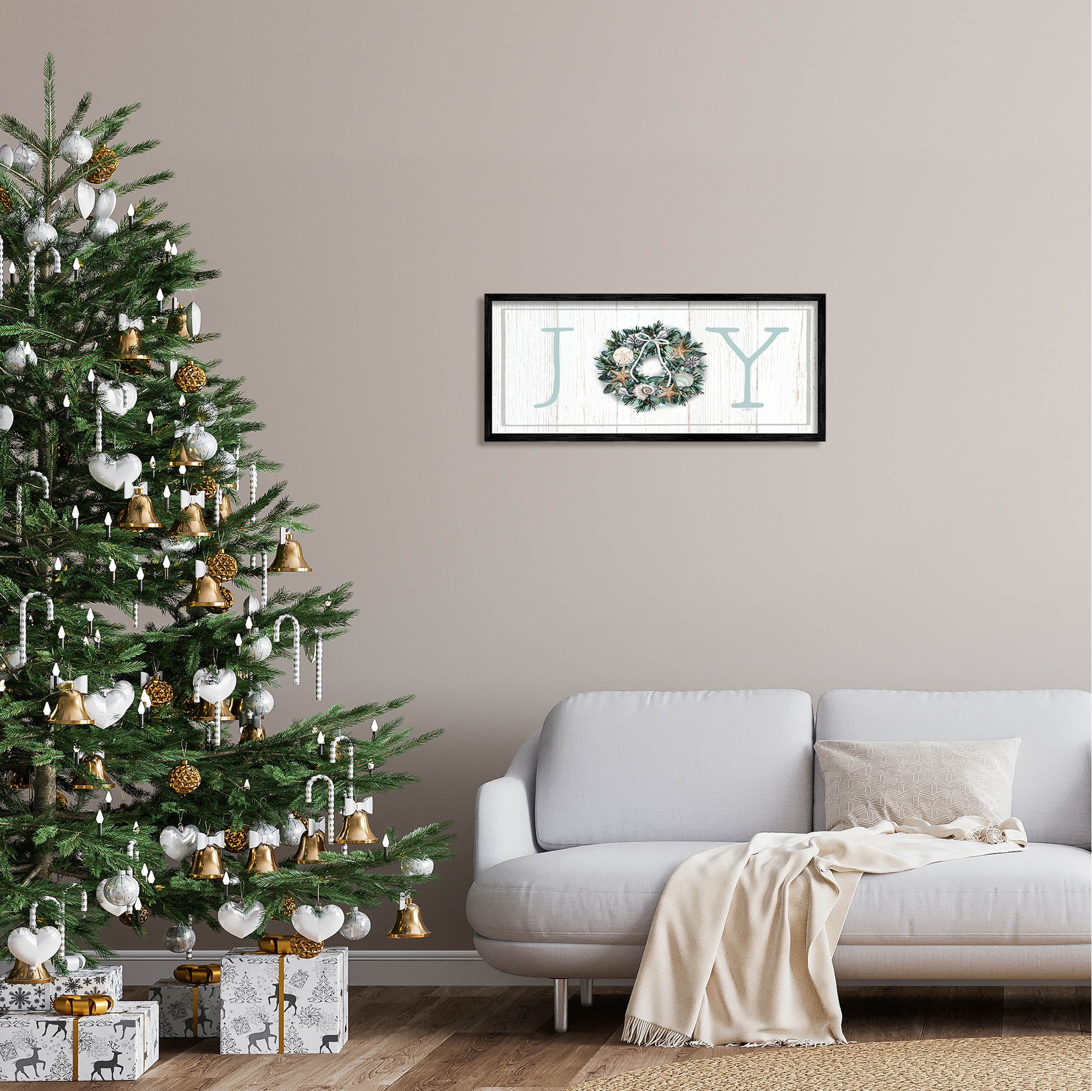 Stupell Industries Joy Holiday Seashell Wreath Graphic Art Black Framed Art Print Wall Art, Design by Elizabeth Tyndall