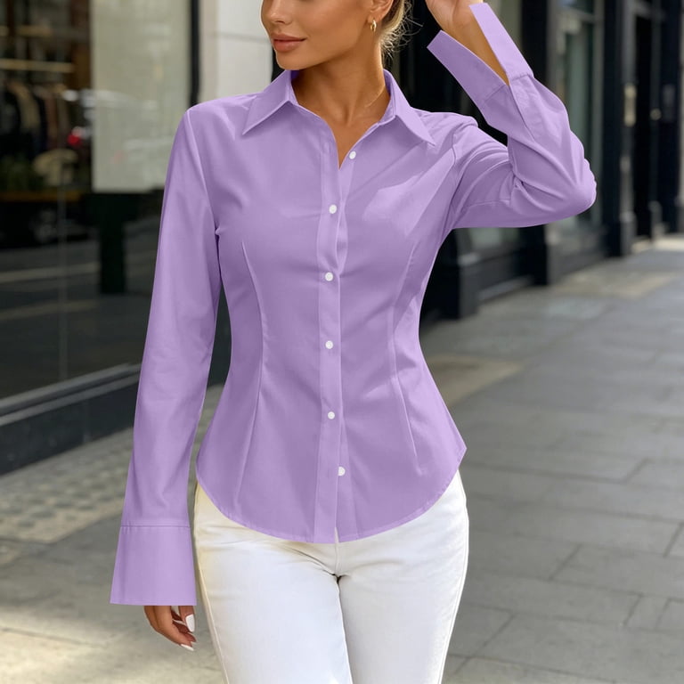 women dress shirts for work Womens Long Sleeve Collar Button Up Shirts Dressy Office Work Business  Casual Blouse Tops Loose Fit Down Shirt Classic Collared Wrinkle Resistant Dress  Women for Ladies Formal Top Army Green Size XS