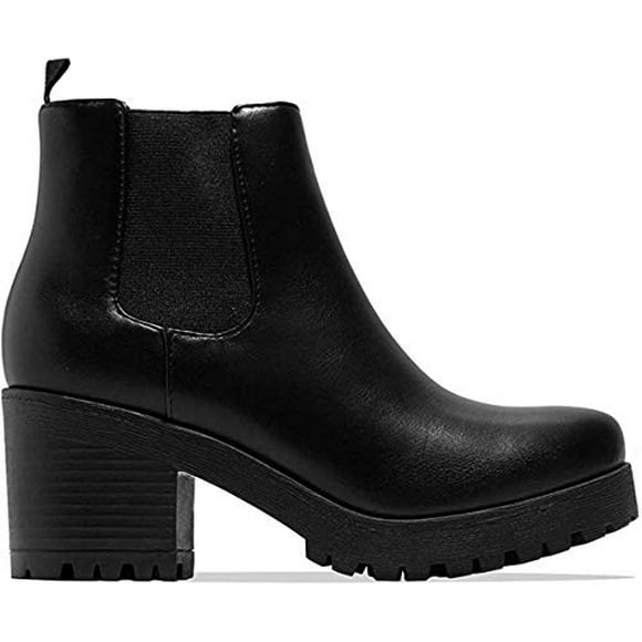 Soda Top Shoes Jaber Ankle Boot W Lug Sole Elastic Gore and Chunky Heel,Black Pu,9