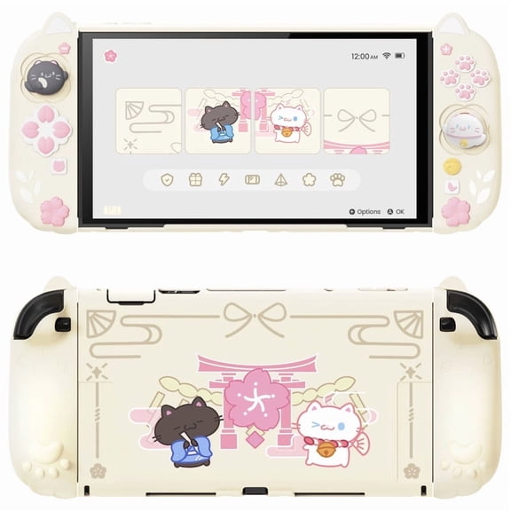 PlayVital Cherry Blossom Cat Case for Nintendo Switch 2 - Yellow Silicone Grip & PC Shell w/ Ears Dockable Stand