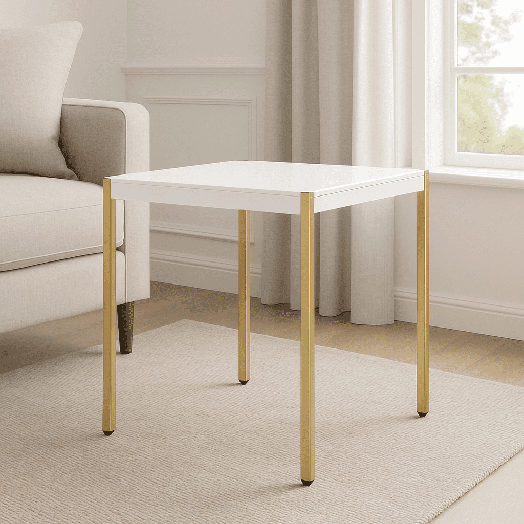 End Table, Square Modern Glam Side Table with White Wood Top and Gold Metal Tube Legs, 24"W x 24"D x 24"H, Contemporary Living Room and Bedroom Accent Table, White and Gold Finish