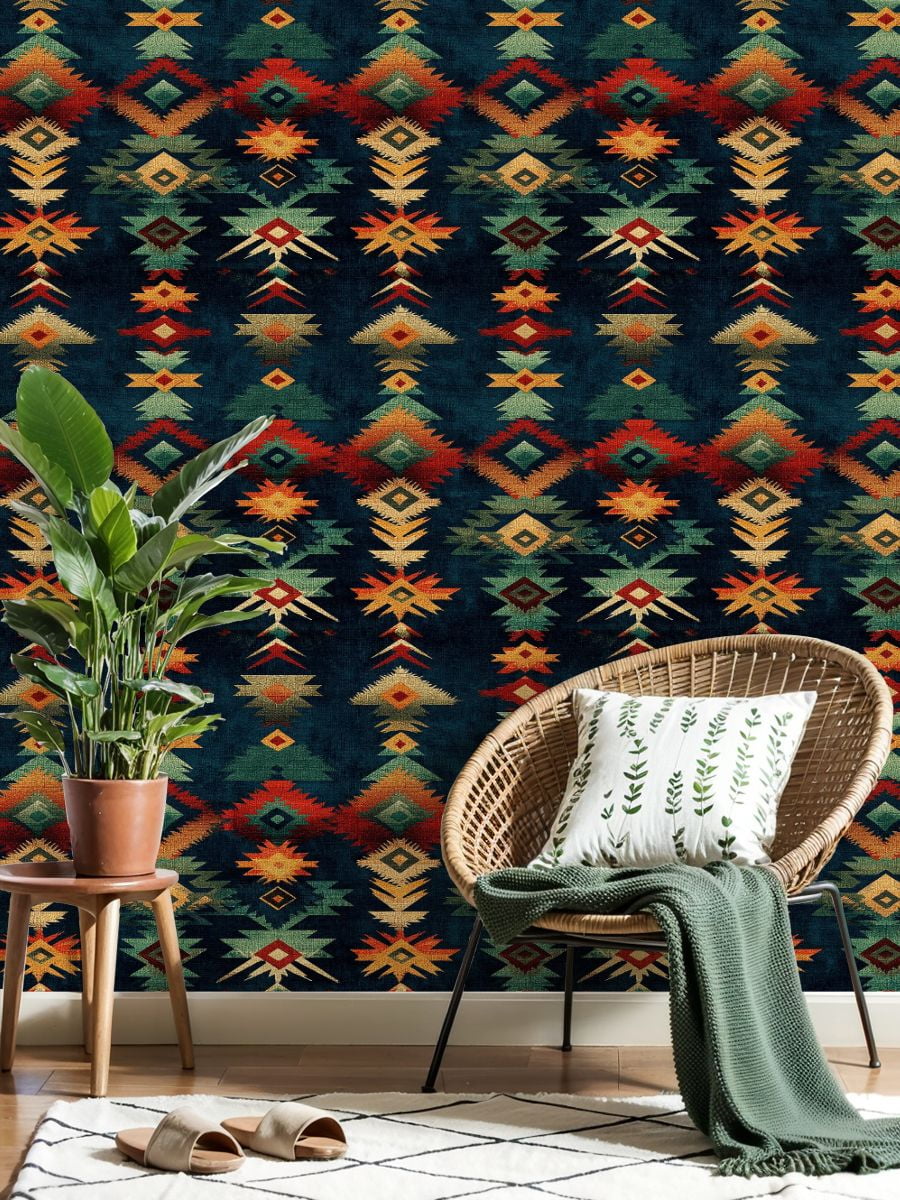 Peel and Stick Wallpaper Abstract Southwestern Geometric Bold Red Green Yellow Dark Blue Wall Mural 23.6in x 9.8ft Self Adhesive Removable Wall Paper Renter Friendly Wallpaper for Bedroom Cabinets