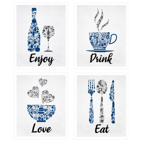 Blue Navy Cobalt Grey White Vintage Inspirational Kitchen Restaurant Cafe Bar Wall Art Decorations Eat Drink Love Wine