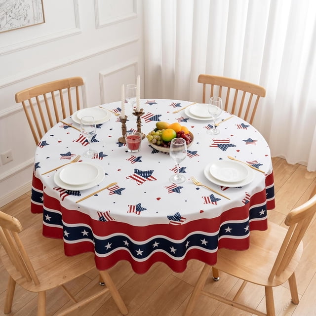 4th of July 60 Inch Round Tablecloth Patriotic American Flag Stars Memorial Day Table Cloth - Circle Polyester Independence Day Table Cover Washable Water&Stain-Resistant for Party Picnic Dinner Décor