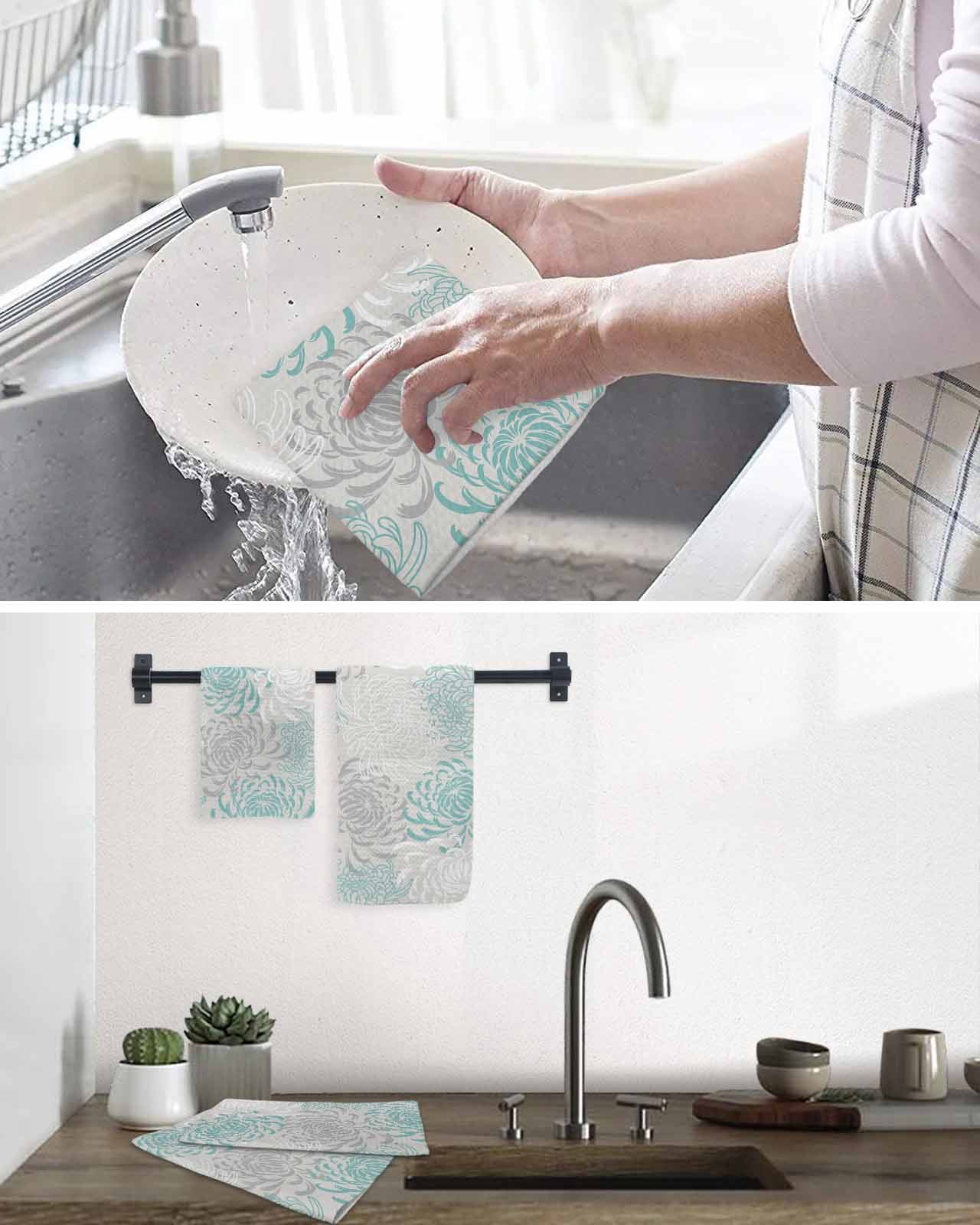Aqua White Kitchen Dish Towels for Drying Dishes Set of 2, Abstract Grey Chrysanthemum Flower Floral Waffle Weave Microfiber Hand Tea Bathroom Towels Quick Dry & Absorbent Towel 15.7x23.6