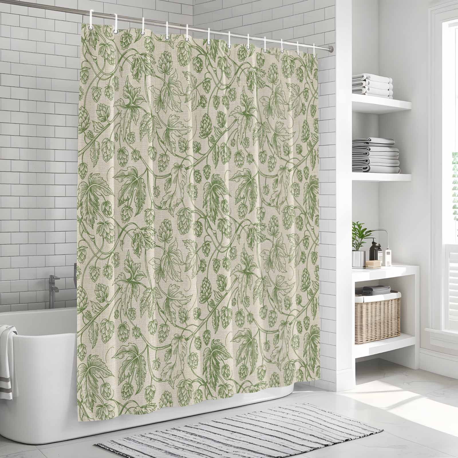 Shower Curtain Bathroom Set Vintage Sage Green Botanical Waterproof Fabric Shower Curtains with Grommets&Hooks, Ombre Leaves Retro Linen Privacy Bath Curtain for Bathtub 72x72in
