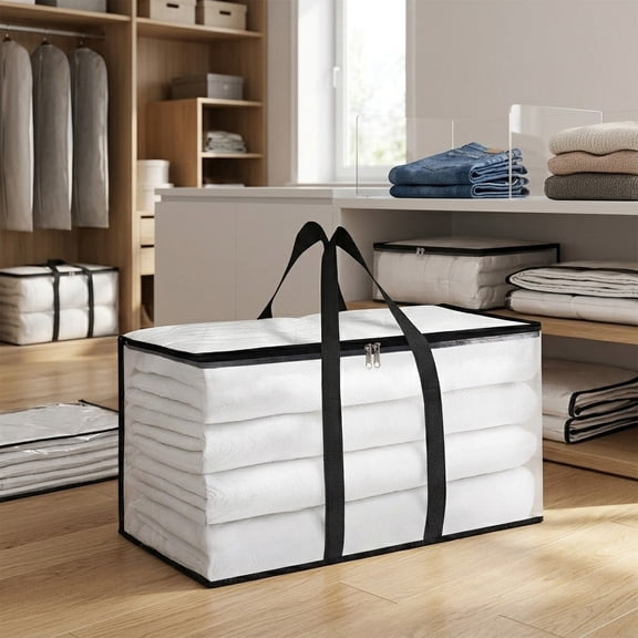 90L Clothes Storage Bag with Reinforced Carry Handles - Zippered Organizer Tote Large Capacity Foldable Storage for Bedding Comforters Blankets Clothing